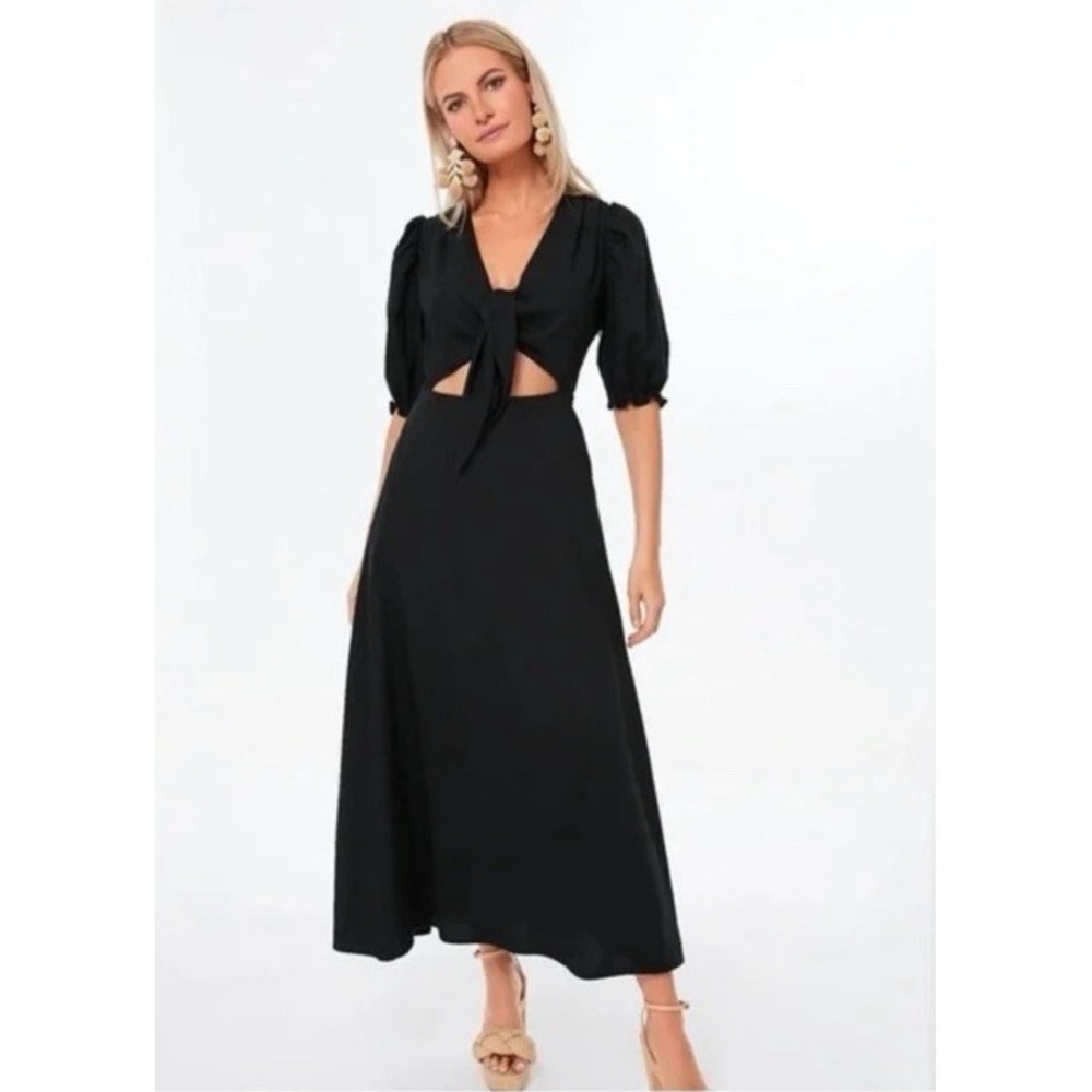Hyacinth House‎ Addie XL Linen Blend Maxi Dress Cutout Mid Puff Sleeve Black